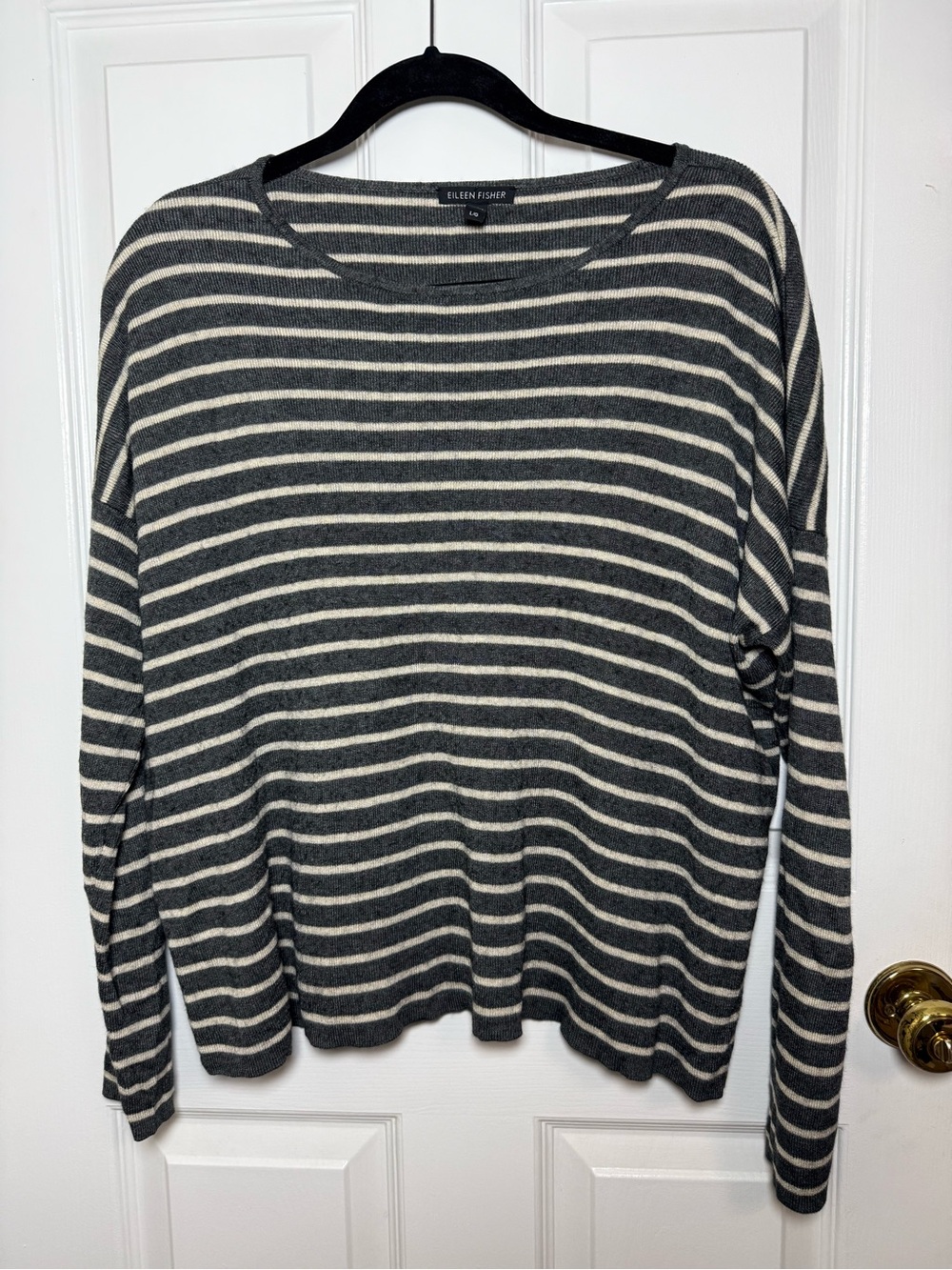 Eileen Fisher Striped Round Neck Box Top Tencel Merino Wool Gray Cream L